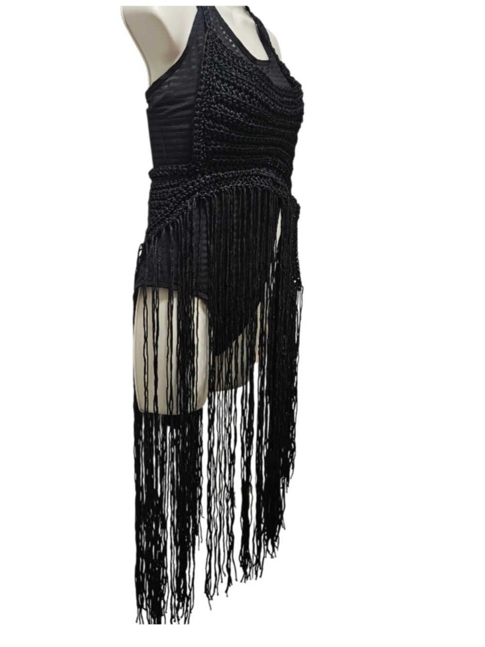 BLACK HAND CRAFTED CROCHET FRINGE HALTER TOP VNECK 2-WAY FESTIVAL BEACH COVER UP - Picture 16 of 17
